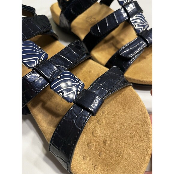Vionic Amber Navy Blue Croc Embossed Faux Leather Sandals Sz 6 Orthaheel - Picture 13 of 15